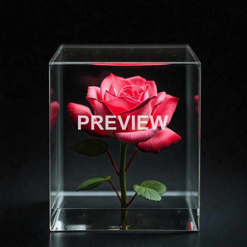 A pink rose is encased in a clear glass cube with a black background, highlighting its petals and green leaves.
